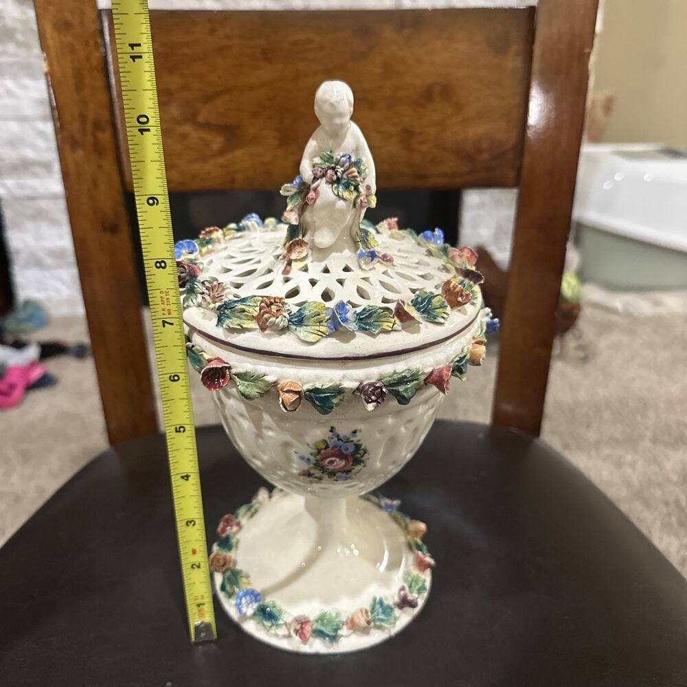 Vintage 2 Pc Capodimonte Compote Potpourri Urn Cherubs Flowers RARE Italy NICE